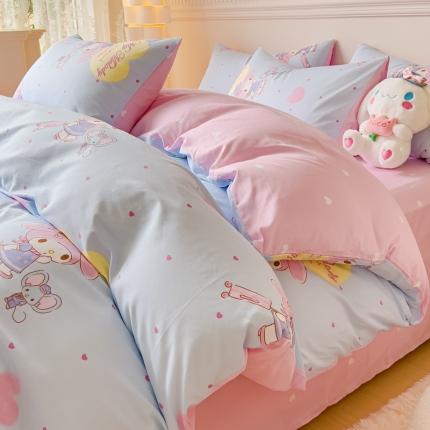 91家纺网 家纺一手货源 找家纺 金丝鸟家纺 2023新款全棉印花三利欧库洛米系列四件套 小兔和老鼠