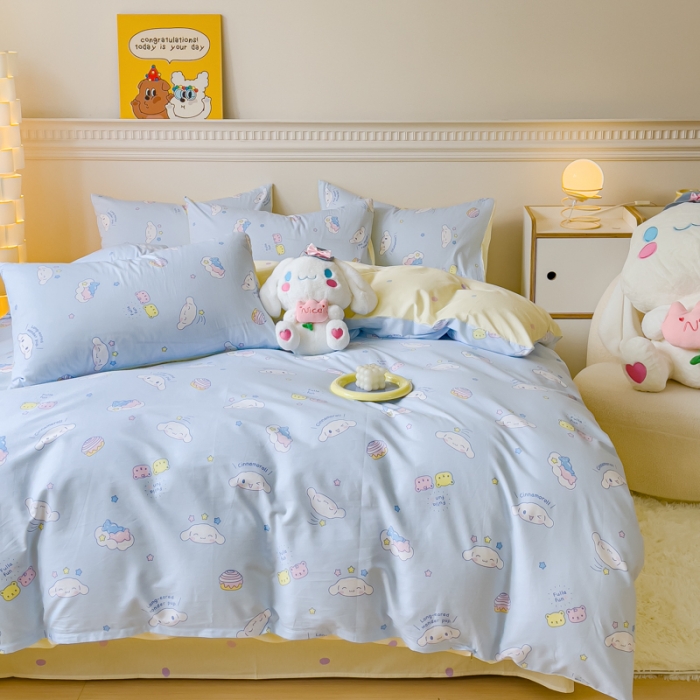 91家纺网 家纺一手货源 找家纺 金丝鸟家纺 2023新款全棉印花三利欧库洛米系列四件套 白云狗