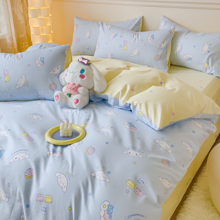 91家纺网 家纺一手货源 找家纺 金丝鸟家纺 2023新款全棉印花三利欧库洛米系列四件套 白云狗