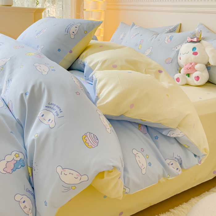 91家纺网 家纺一手货源 找家纺 金丝鸟家纺 2023新款全棉印花三利欧库洛米系列四件套 白云狗