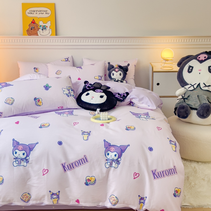 91家纺网 家纺一手货源 找家纺 金丝鸟家纺 2023新款全棉印花三利欧库洛米系列四件套 荷包蛋