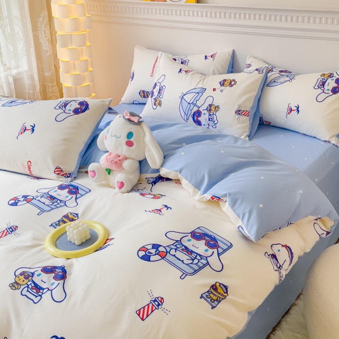 91家纺网 家纺一手货源 找家纺 金丝鸟家纺 2023新款全棉印花三利欧库洛米系列四件套 花伞狗