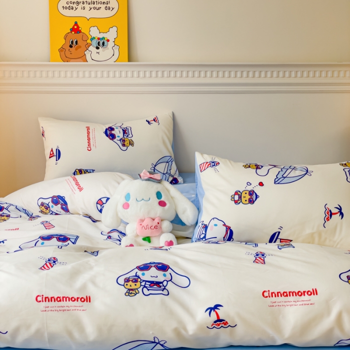 91家纺网 家纺一手货源 找家纺 金丝鸟家纺 2023新款全棉印花三利欧库洛米系列四件套 花伞狗