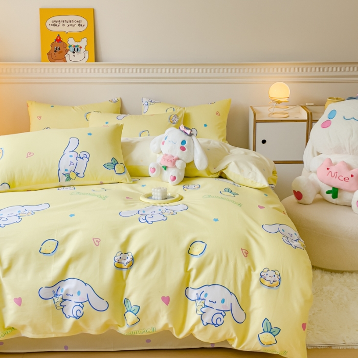 91家纺网 家纺一手货源 找家纺 金丝鸟家纺 2023新款全棉印花三利欧库洛米系列四件套 柠檬狗