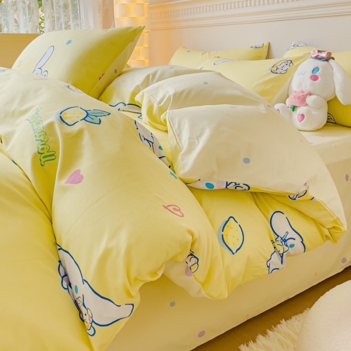 91家纺网 家纺一手货源 找家纺 金丝鸟家纺 2023新款全棉印花三利欧库洛米系列四件套 柠檬狗