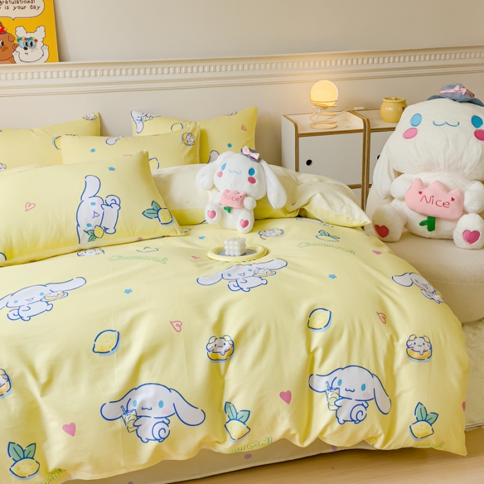 91家纺网 家纺一手货源 找家纺 金丝鸟家纺 2023新款全棉印花三利欧库洛米系列四件套 柠檬狗