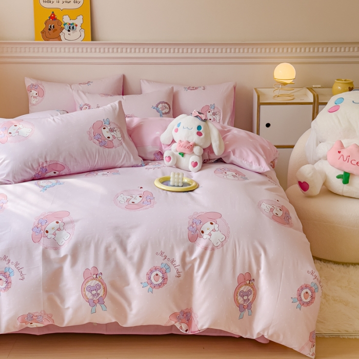 91家纺网 家纺一手货源 找家纺 金丝鸟家纺 2023新款全棉印花三利欧库洛米系列四件套 糖果兔