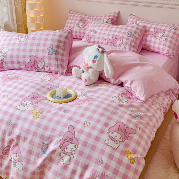 91家纺网 家纺一手货源 找家纺 金丝鸟家纺 2023新款全棉印花三利欧库洛米系列四件套 田格兔