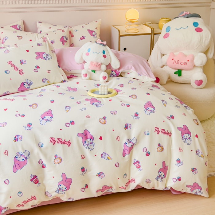 91家纺网 家纺一手货源 找家纺 金丝鸟家纺 2023新款全棉印花三利欧库洛米系列四件套 甜品小兔