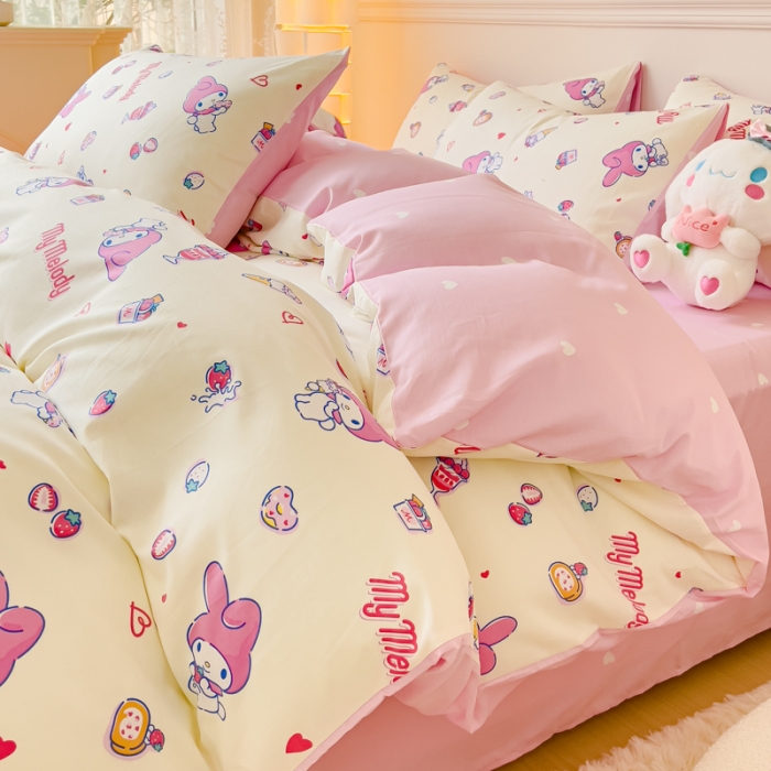 91家纺网 家纺一手货源 找家纺 金丝鸟家纺 2023新款全棉印花三利欧库洛米系列四件套 甜品小兔