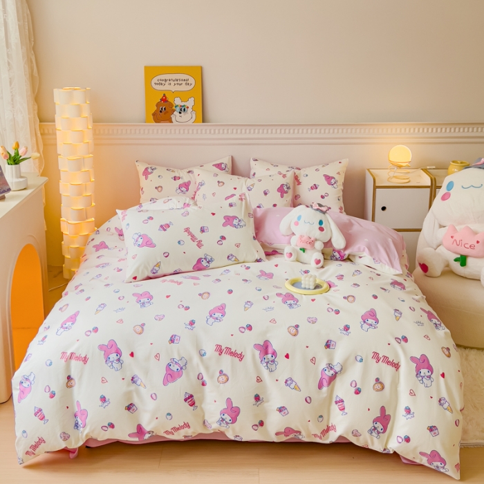 91家纺网 家纺一手货源 找家纺 金丝鸟家纺 2023新款全棉印花三利欧库洛米系列四件套 甜品小兔