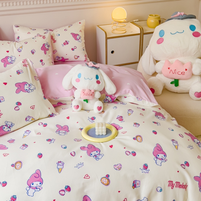 91家纺网 家纺一手货源 找家纺 金丝鸟家纺 2023新款全棉印花三利欧库洛米系列四件套 甜品小兔