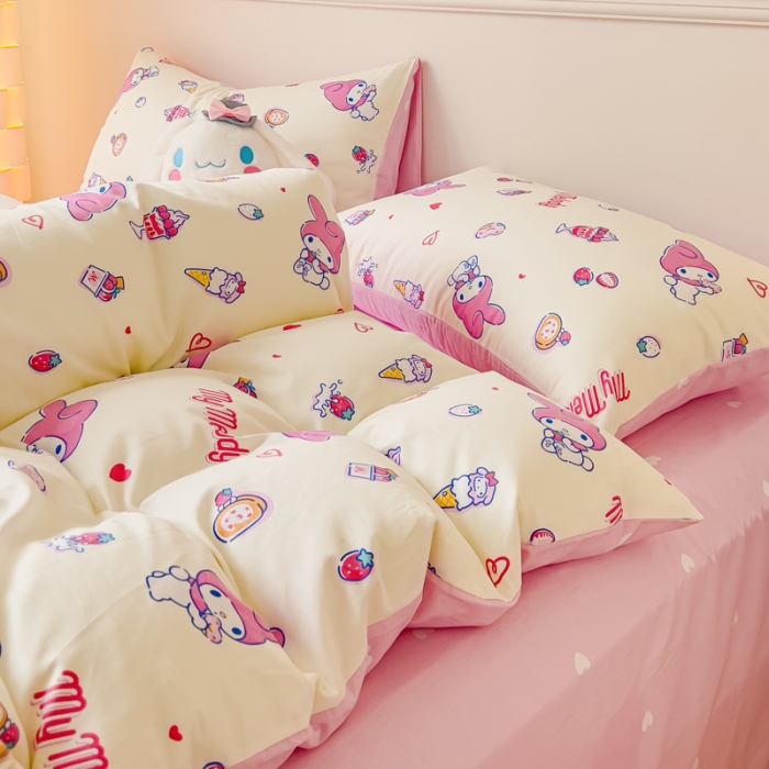 91家纺网 家纺一手货源 找家纺 金丝鸟家纺 2023新款全棉印花三利欧库洛米系列四件套 甜品小兔