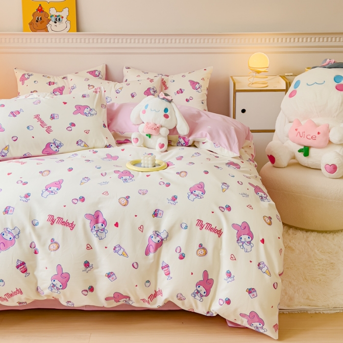 91家纺网 家纺一手货源 找家纺 金丝鸟家纺 2023新款全棉印花三利欧库洛米系列四件套 甜品小兔