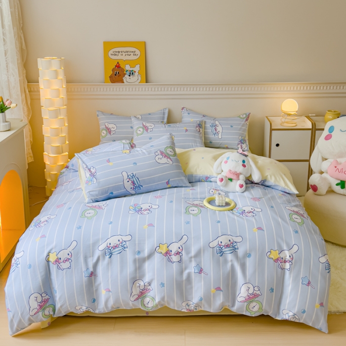 91家纺网 家纺一手货源 找家纺 金丝鸟家纺 2023新款全棉印花三利欧库洛米系列四件套 条纹玉桂狗