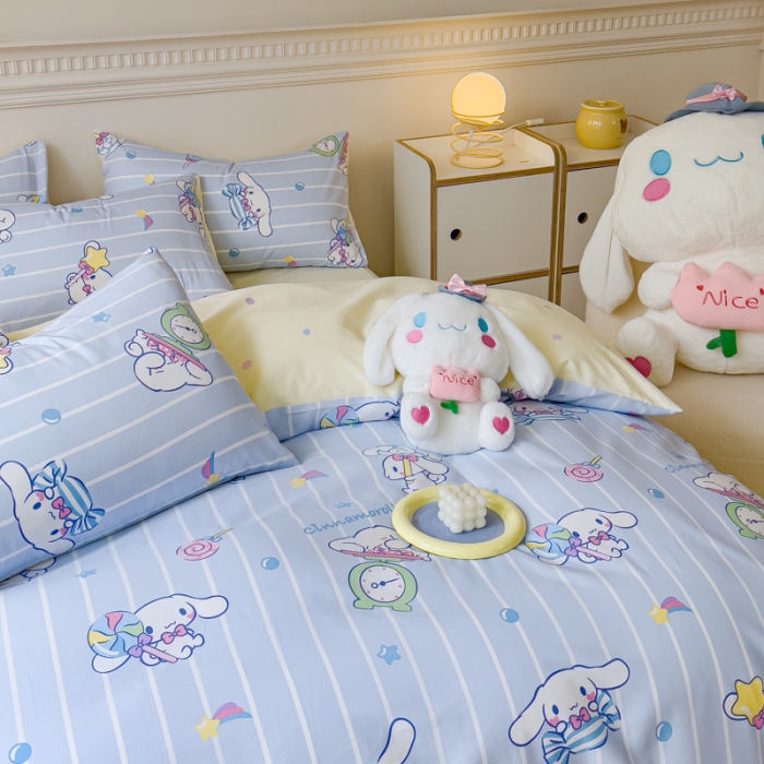 91家纺网 家纺一手货源 找家纺 金丝鸟家纺 2023新款全棉印花三利欧库洛米系列四件套 条纹玉桂狗