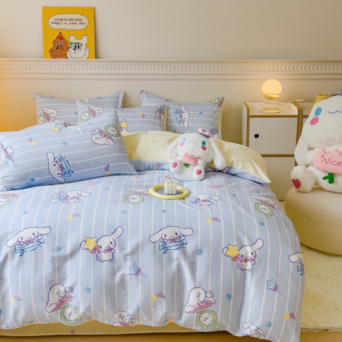 91家纺网 家纺一手货源 找家纺 金丝鸟家纺 2023新款全棉印花三利欧库洛米系列四件套 条纹玉桂狗