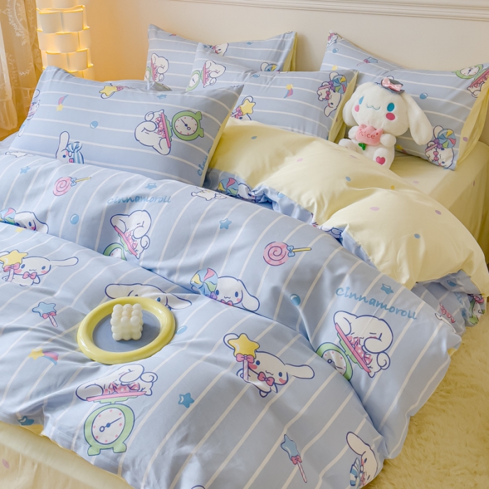 91家纺网 家纺一手货源 找家纺 金丝鸟家纺 2023新款全棉印花三利欧库洛米系列四件套 条纹玉桂狗