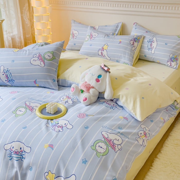 91家纺网 家纺一手货源 找家纺 金丝鸟家纺 2023新款全棉印花三利欧库洛米系列四件套 条纹玉桂狗