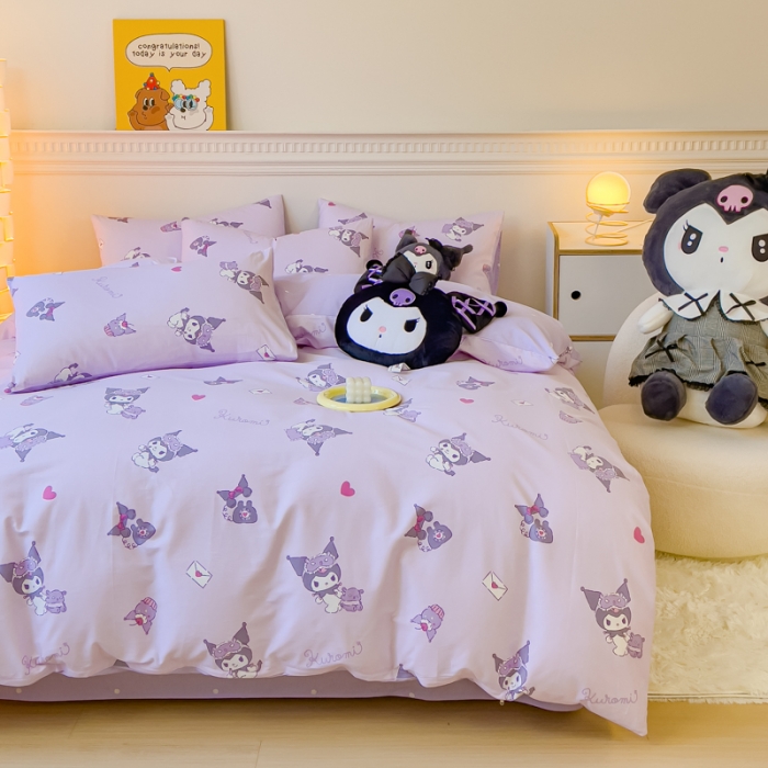 91家纺网 家纺一手货源 找家纺 金丝鸟家纺 2023新款全棉印花三利欧库洛米系列四件套 香芋紫库洛米