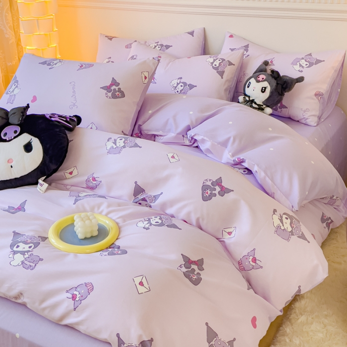 91家纺网 家纺一手货源 找家纺 金丝鸟家纺 2023新款全棉印花三利欧库洛米系列四件套 香芋紫库洛米