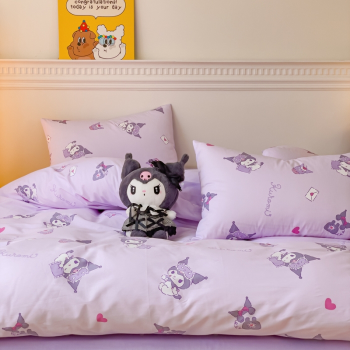 91家纺网 家纺一手货源 找家纺 金丝鸟家纺 2023新款全棉印花三利欧库洛米系列四件套 香芋紫库洛米