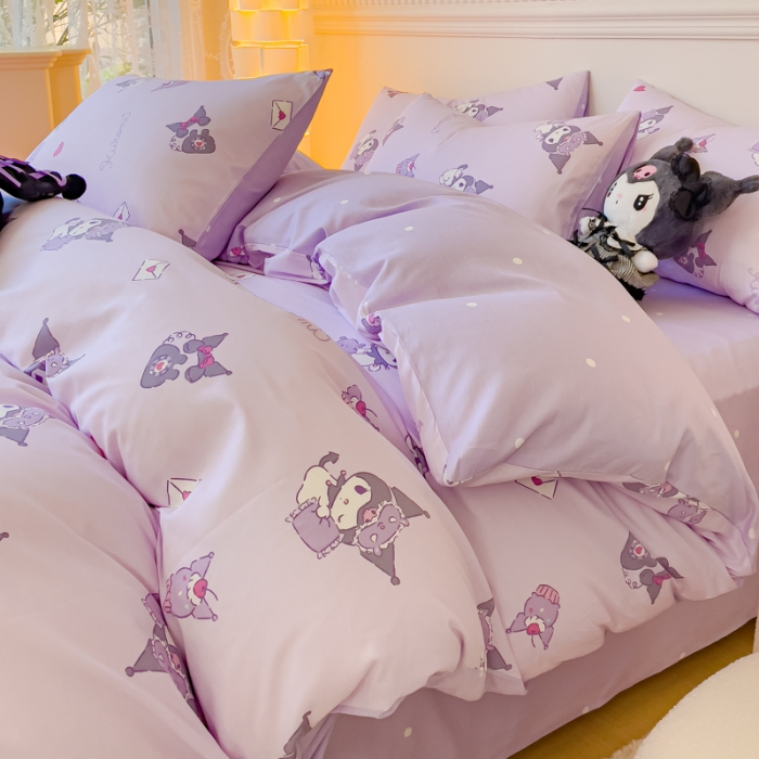 91家纺网 家纺一手货源 找家纺 金丝鸟家纺 2023新款全棉印花三利欧库洛米系列四件套 香芋紫库洛米