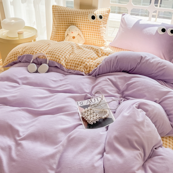 91家纺网 家纺一手货源 找家纺 慕尚家纺 2025新款牛奶绒大眼睛系列四件套 芭比风铃紫