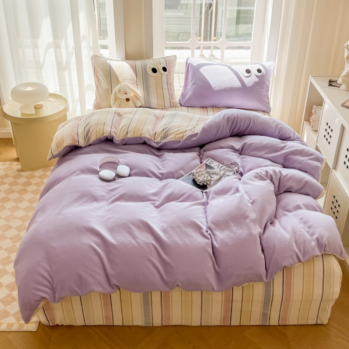 91家纺网 家纺一手货源 找家纺 慕尚家纺 2025新款牛奶绒大眼睛系列四件套 露娜风铃紫