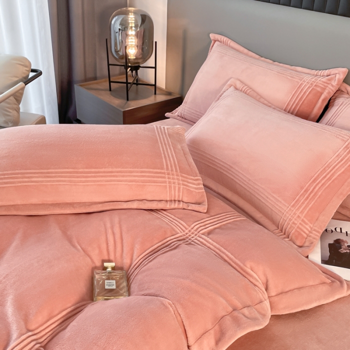 91家纺网 家纺一手货源 找家纺 轻奢风A类母婴级埋绳款高克重牛奶绒婴儿宝宝绒四件套 美娜德-浅豆沙