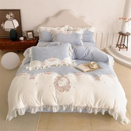 91家纺网 家纺一手货源 找家纺 （总）馨蕊家居 2023新款双层纱荷叶边刺绣四件套-伊芙琳