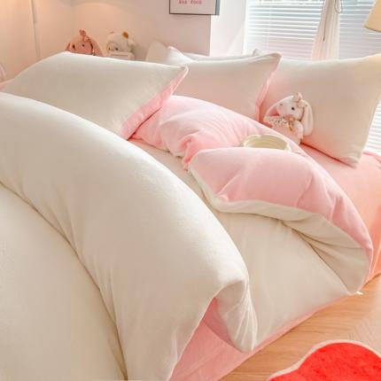 91家纺网 家纺一手货源 找家纺 玉海棠 2023新款加厚纯色双拼牛奶绒四件套 米白粉