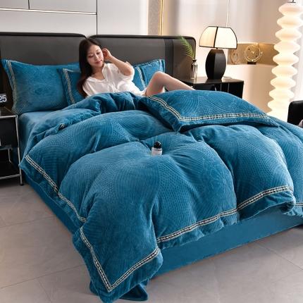 91家纺网 家纺一手货源 找家纺 安力森/诚臻酒店用品 2023高端加厚牛奶绒四件套双面法兰绒被套珊瑚绒床单加绒床上用品 梵迪-宝石蓝