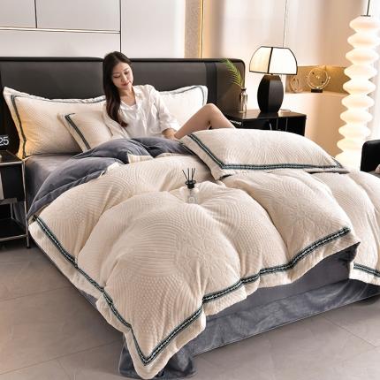 91家纺网 家纺一手货源 找家纺 安力森/诚臻酒店用品 2023高端加厚牛奶绒四件套双面法兰绒被套珊瑚绒床单加绒床上用品 梵迪-奶油白