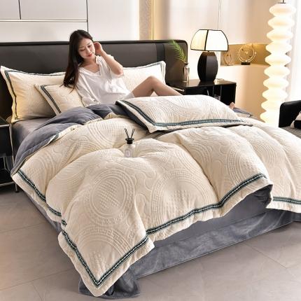 91家纺网 家纺一手货源 找家纺 安力森/诚臻酒店用品 2023高端加厚牛奶绒四件套双面法兰绒被套珊瑚绒床单加绒床上用品 荣耀-奶油白