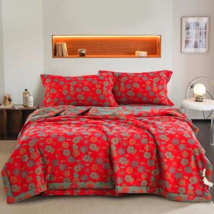 91家纺网 家纺一手货源 找家纺 双层纱家居 2023新款双层纱夏被及夏被套件 梅花红