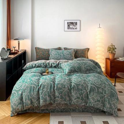 双层纱家居 2023新款拉链贴边款双层纱四件套 腰果花蓝