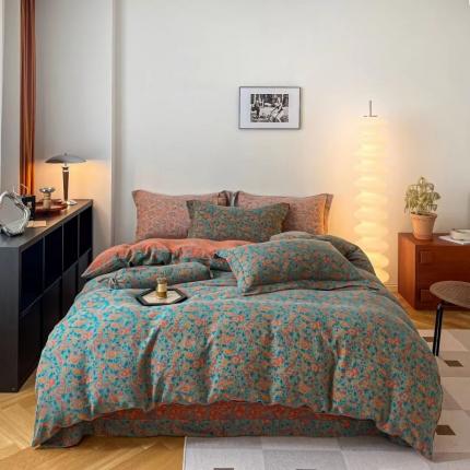 双层纱家居 2023新款拉链贴边款双层纱四件套 花间无语红绿