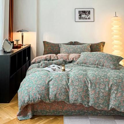 双层纱家居 2023新款拉链贴边款双层纱四件套 花间物语粉蓝