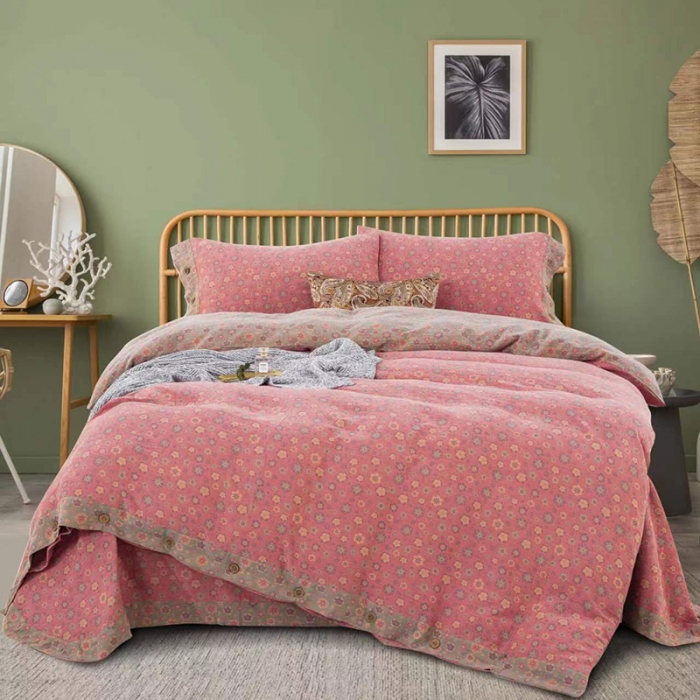 91家纺网 家纺一手货源 找家纺 双层纱家居 2023新款纽扣aa款双层纱四件套 花香四溢粉