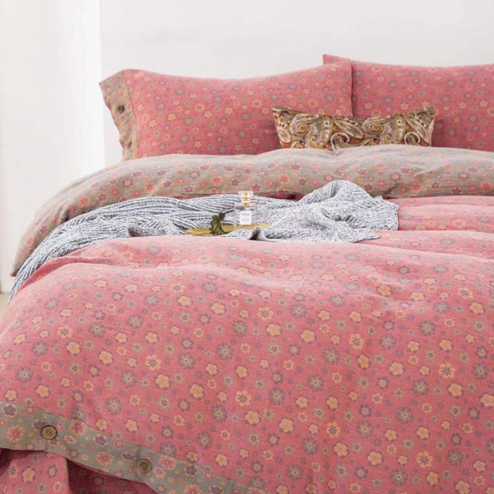 91家纺网 家纺一手货源 找家纺 双层纱家居 2023新款纽扣aa款双层纱四件套 花香四溢粉