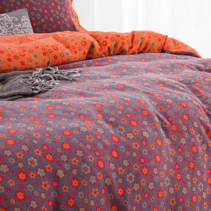 91家纺网 家纺一手货源 找家纺 双层纱家居 2023新款纽扣aa款双层纱四件套 花香四溢红桔