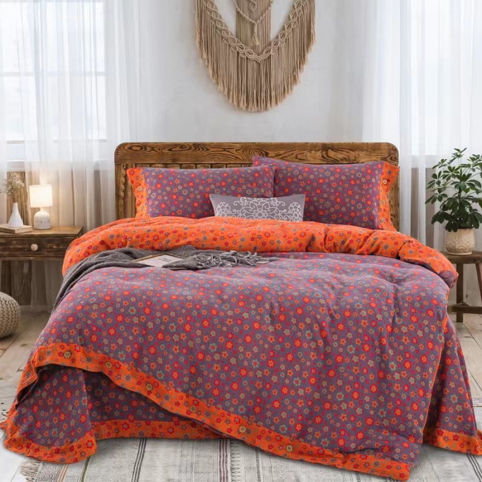 91家纺网 家纺一手货源 找家纺 双层纱家居 2023新款纽扣aa款双层纱四件套 花香四溢红桔