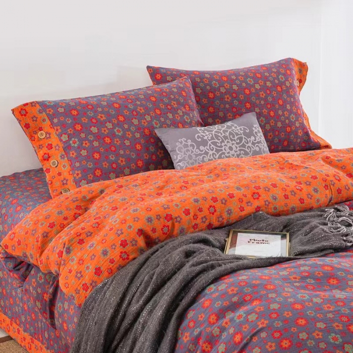 91家纺网 家纺一手货源 找家纺 双层纱家居 2023新款纽扣aa款双层纱四件套 花香四溢红桔