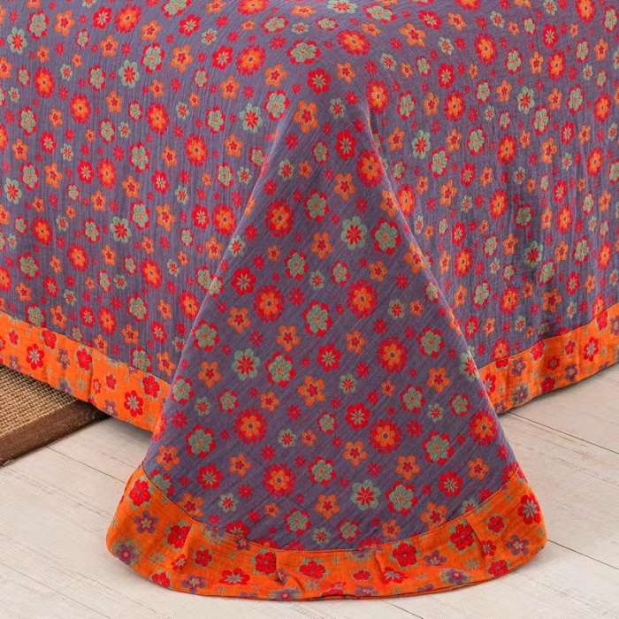 91家纺网 家纺一手货源 找家纺 双层纱家居 2023新款纽扣aa款双层纱四件套 花香四溢红桔