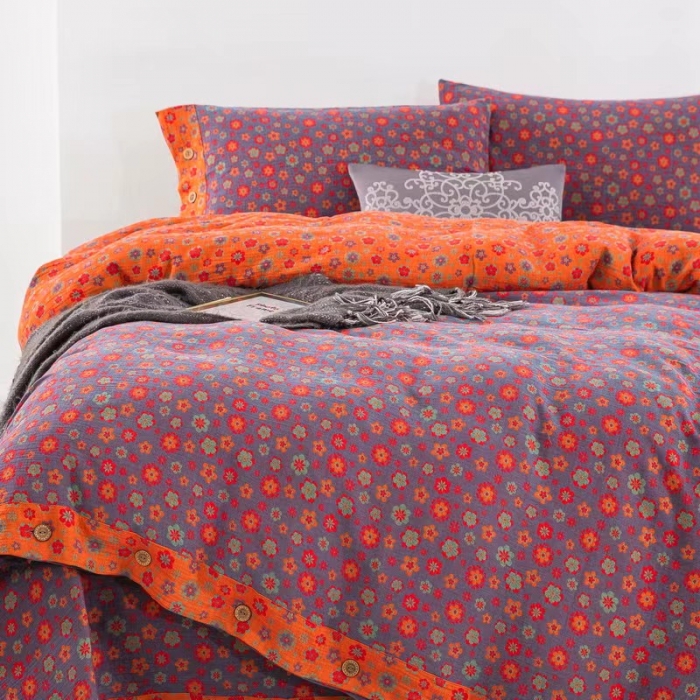 91家纺网 家纺一手货源 找家纺 双层纱家居 2023新款纽扣aa款双层纱四件套 花香四溢红桔