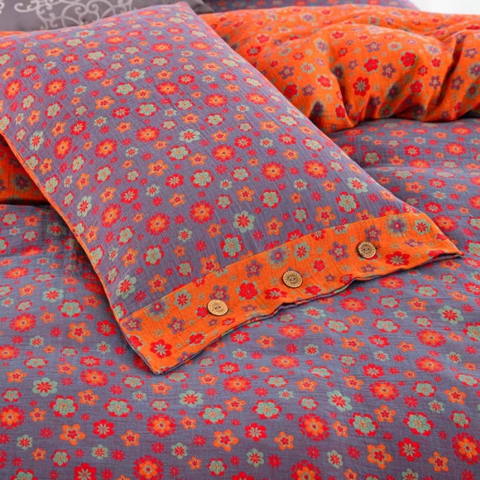 91家纺网 家纺一手货源 找家纺 双层纱家居 2023新款纽扣aa款双层纱四件套 花香四溢红桔