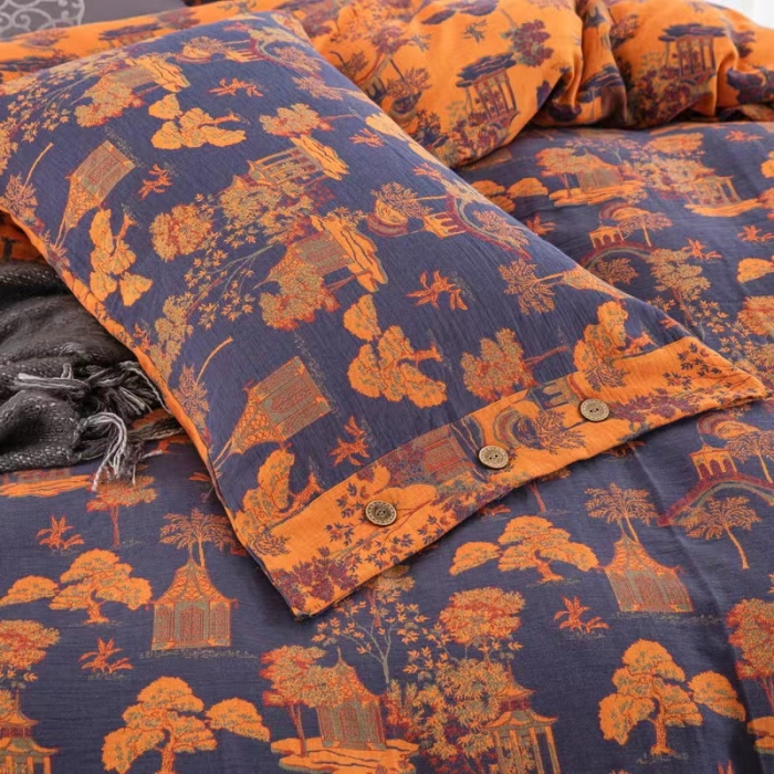 91家纺网 家纺一手货源 找家纺 双层纱家居 2023新款纽扣aa款双层纱四件套 蓝调深蓝