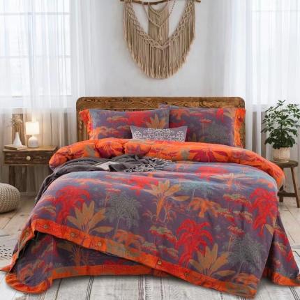 双层纱家居 2023新款纽扣aa款双层纱四件套 奇幻丛林红