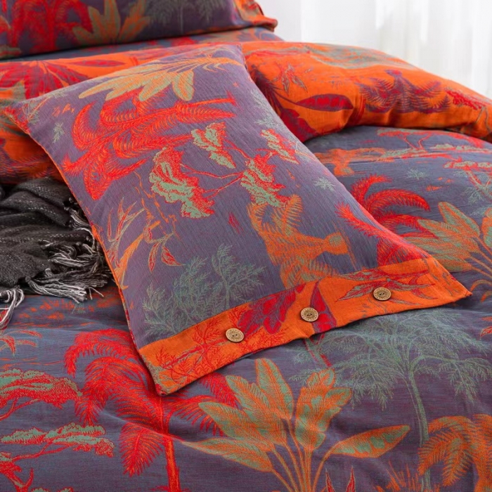 91家纺网 家纺一手货源 找家纺 双层纱家居 2023新款纽扣aa款双层纱四件套 奇幻丛林红